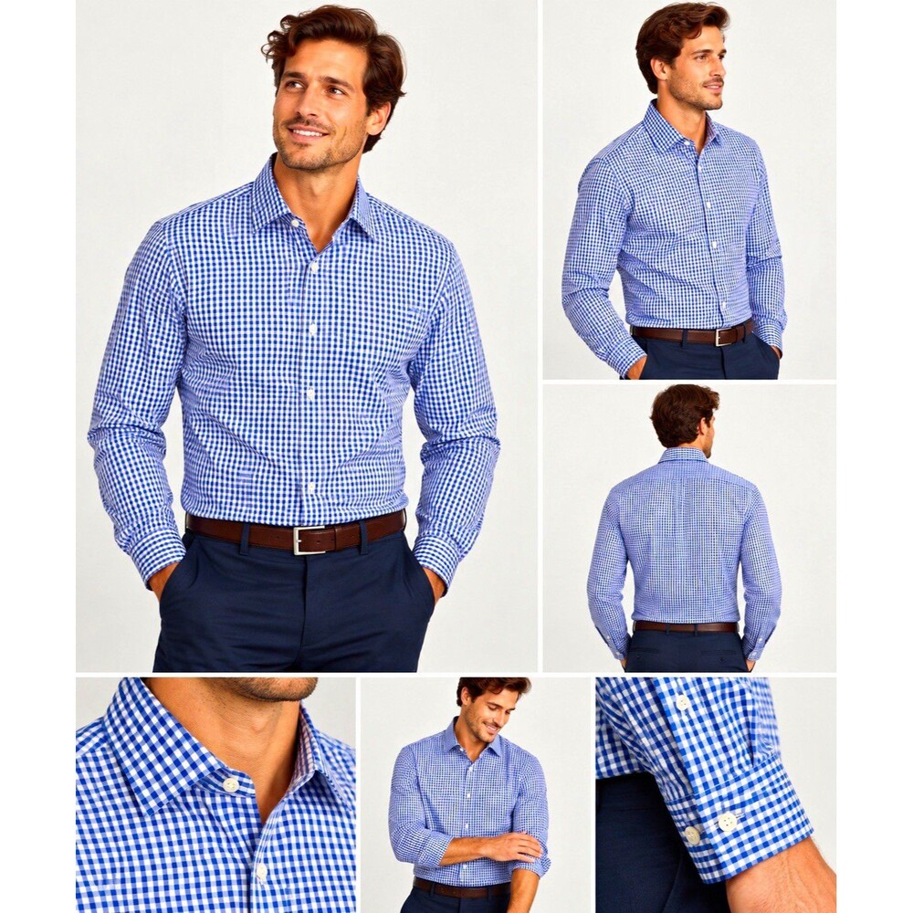 Bonobos Men 15/34 Tailored Fit Blue Gingham Wrinkle Free Cotton Dress Shirt